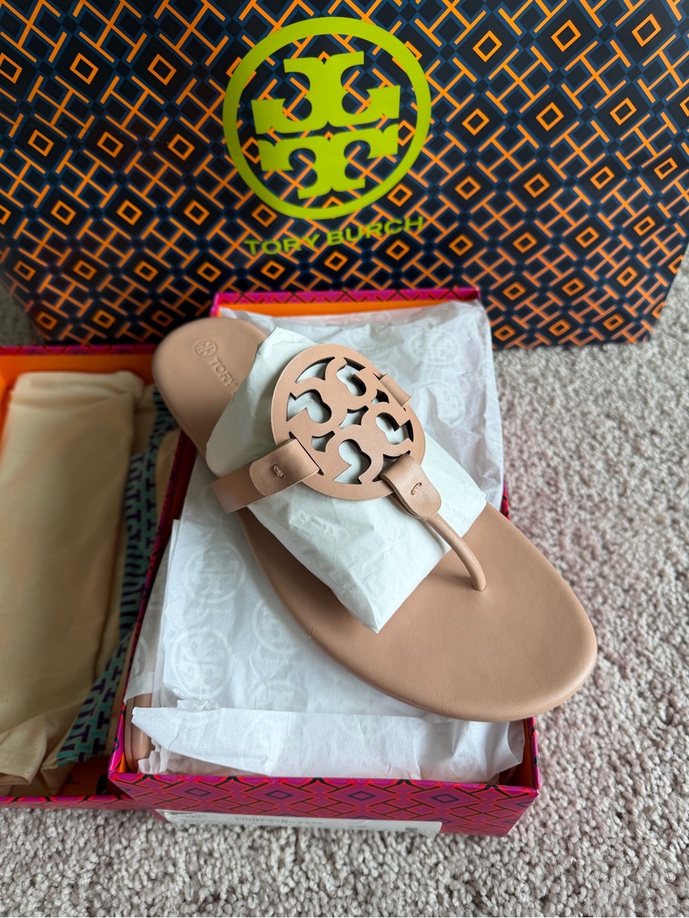 Tory Burch Miller Soft Leather Sandals Light Sand Size 12 Cream Pink